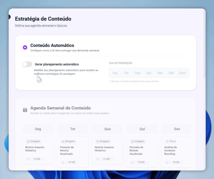 Demonstração da criação automática semanal na Genna