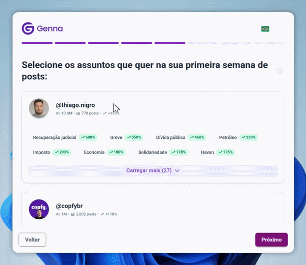 Demonstração de como escolher assuntos na Genna
