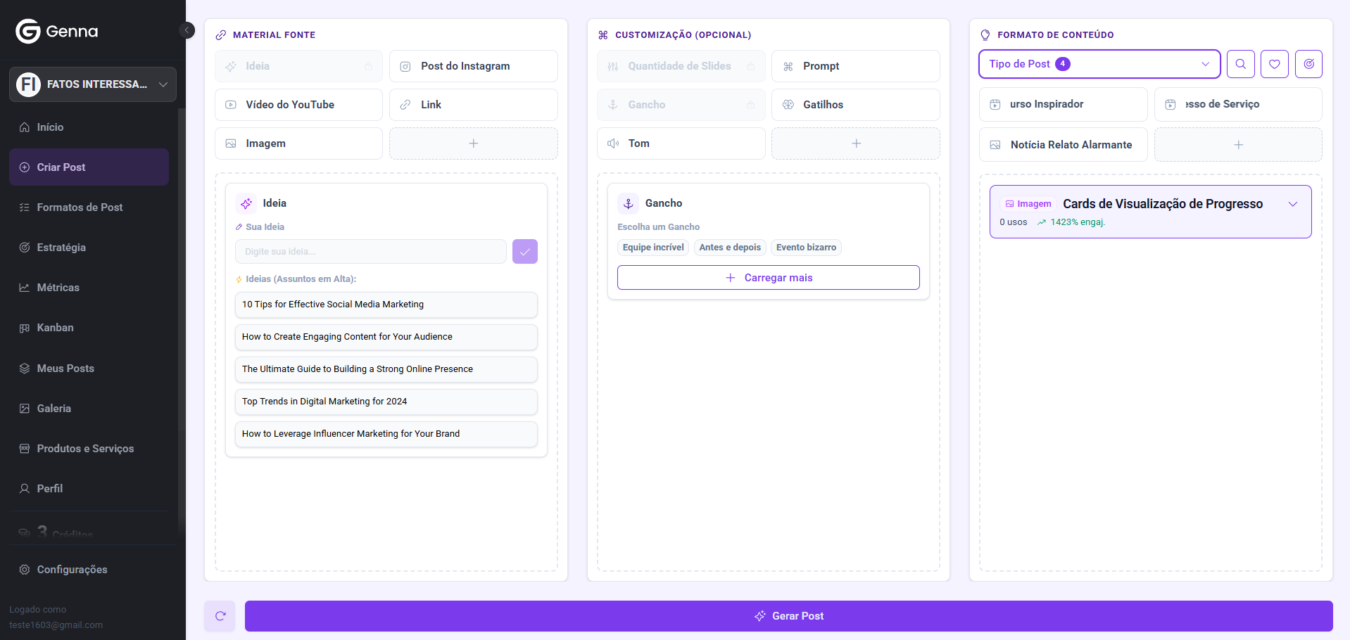 Tela de criar post da Genna